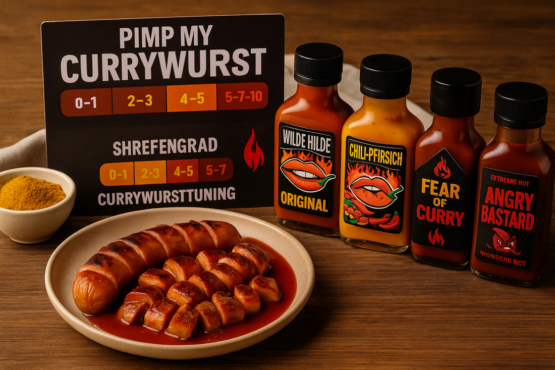 NEU im Wilde Hilde Shop: Currywurst-Schärfestufen-Verkostung-Imbiss-Party-Geschenk-Set für zu Hause